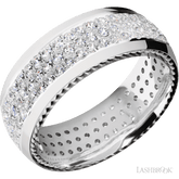 8 mm wide/Domed/14K White Gold band with  two 1 mm Sidebraid inlays of 14K White Gold and featuring a 3 Row Eternity arrangement of 015 carat Round Diamond stones in a Bead Channel setting